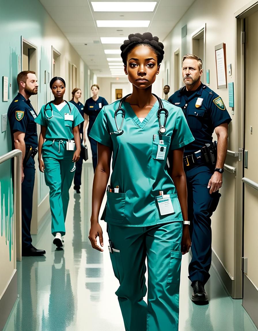 Woman in Scrubs with Police, Uneven Color Sketch