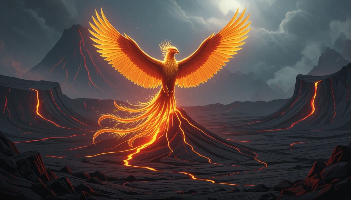 Ethereal Phoenix Rises From Molten Volcano