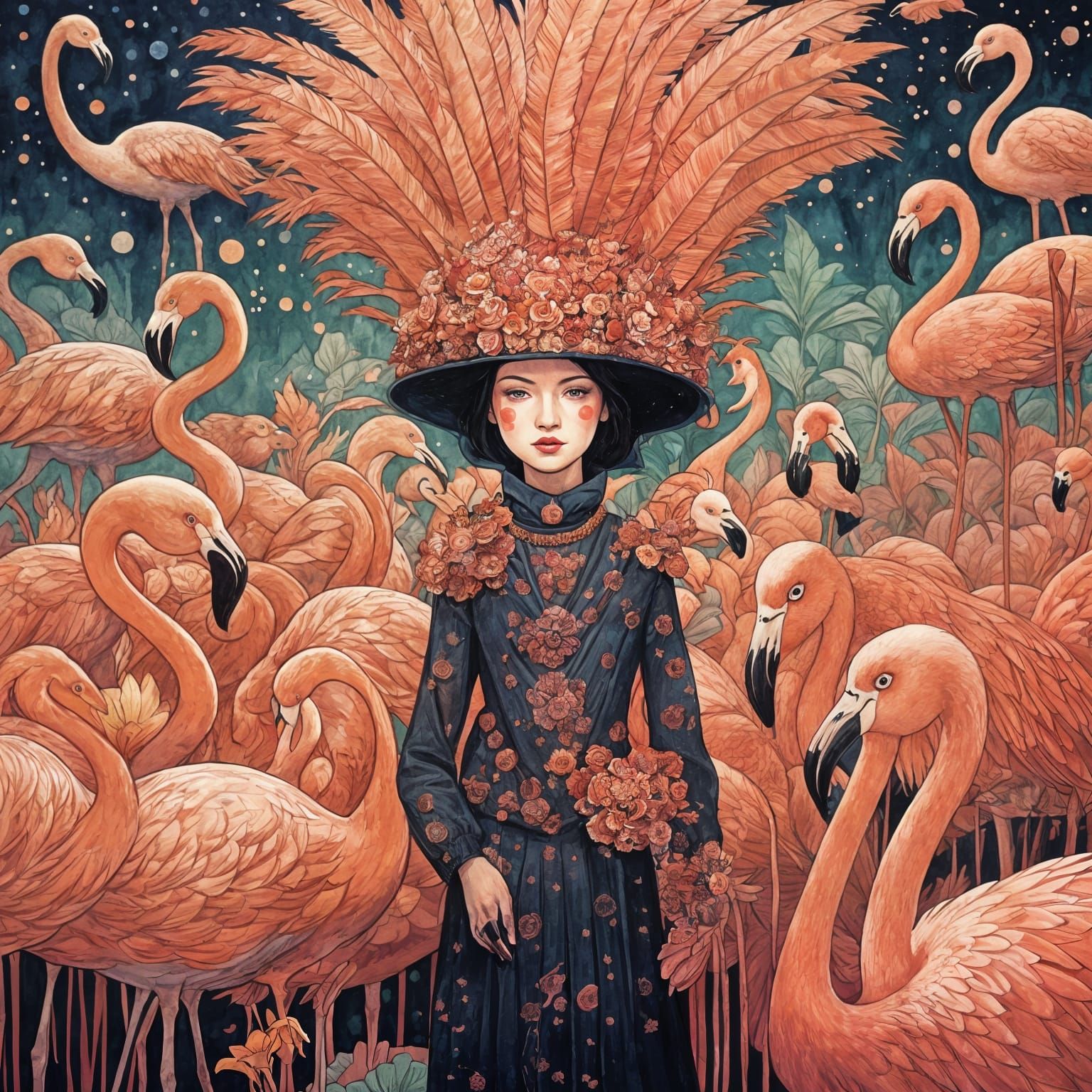 Showgirls in Dreamlike Celebration as Gouache Watercolor