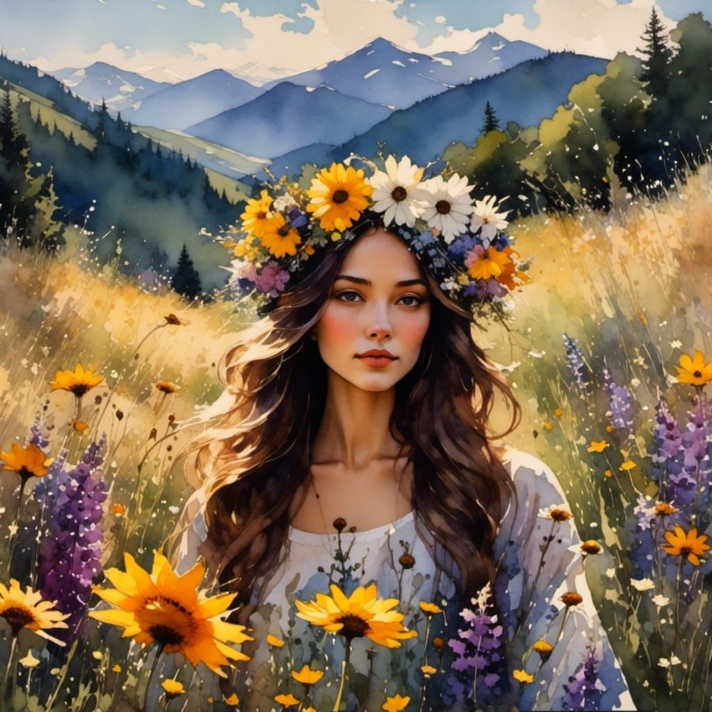 Elven Woman in Wildflower Meadow: Watercolor Dreamscape
