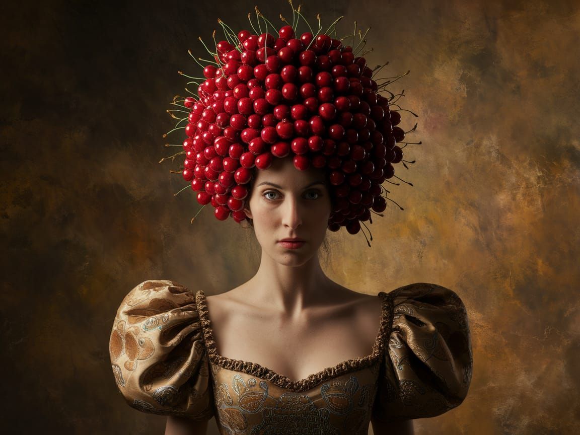 Surreal Cherry Queen in Earthy Splendor