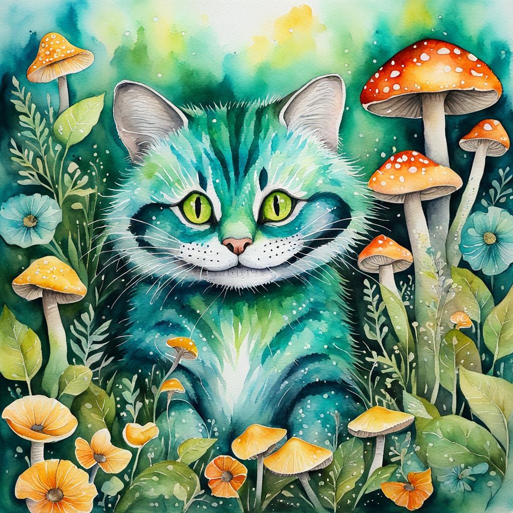 Cheshire Cat Watercolour Painting in Nature