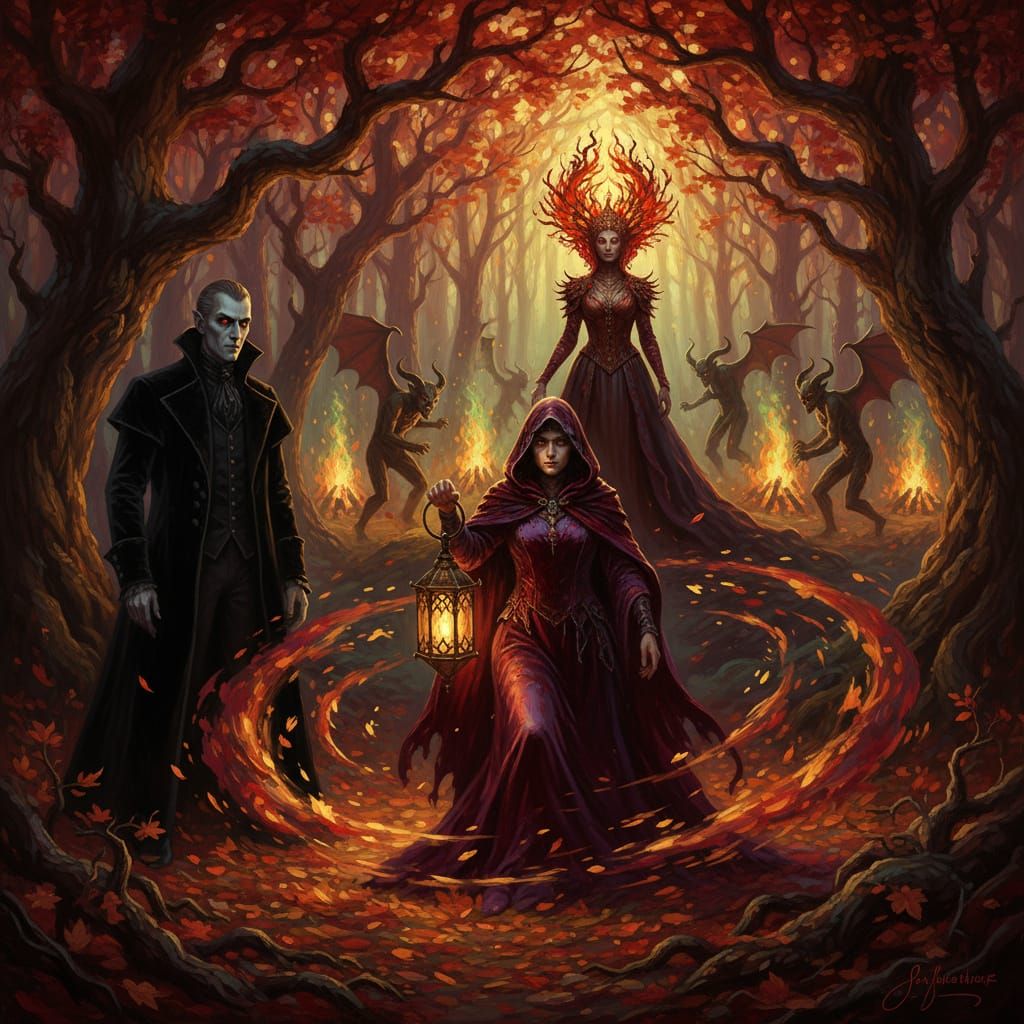 Enchanted Autumn Forest at Dusk with Mystical Figures