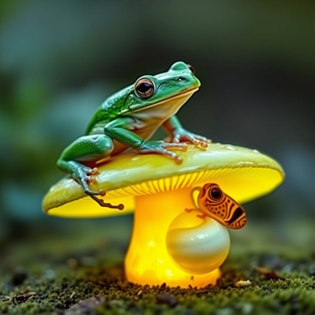 Frog on Magic Mushroom with Butterfly Cocoon
