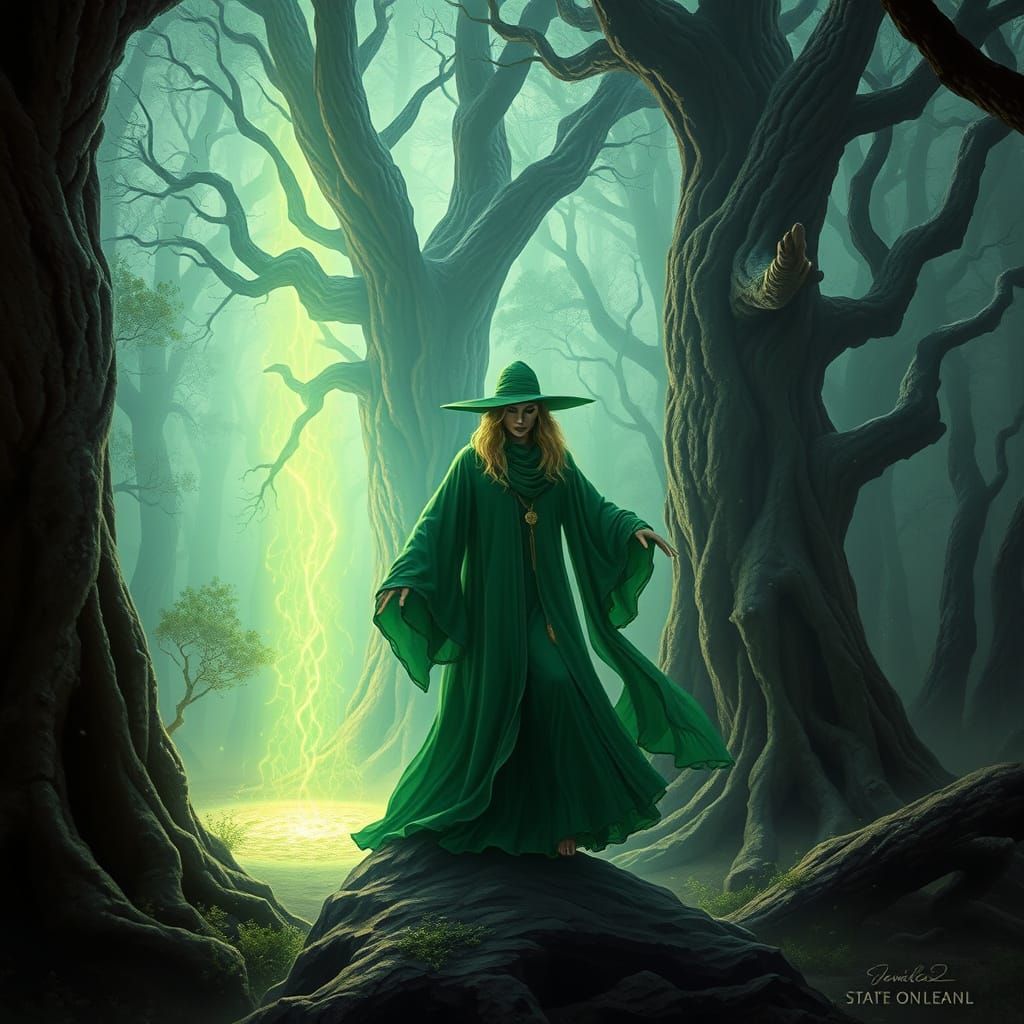 Emerald Witch Unveiled in Primeval Forest Landscape