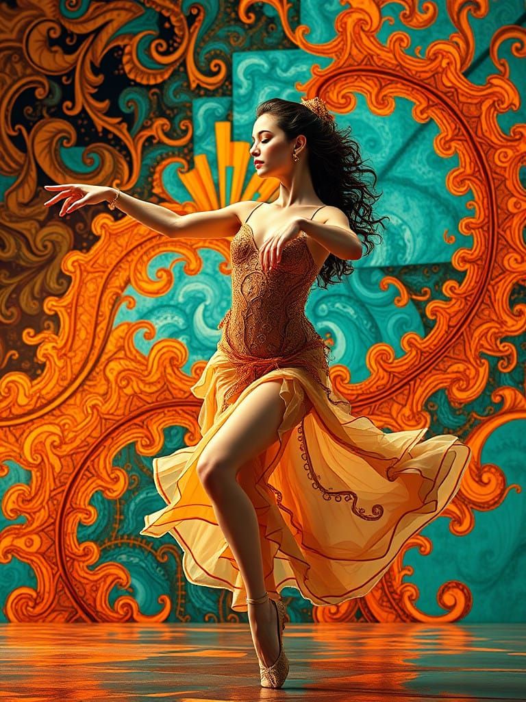 Surreal Dancer in Vibrant, Abstract Fractal Landscape