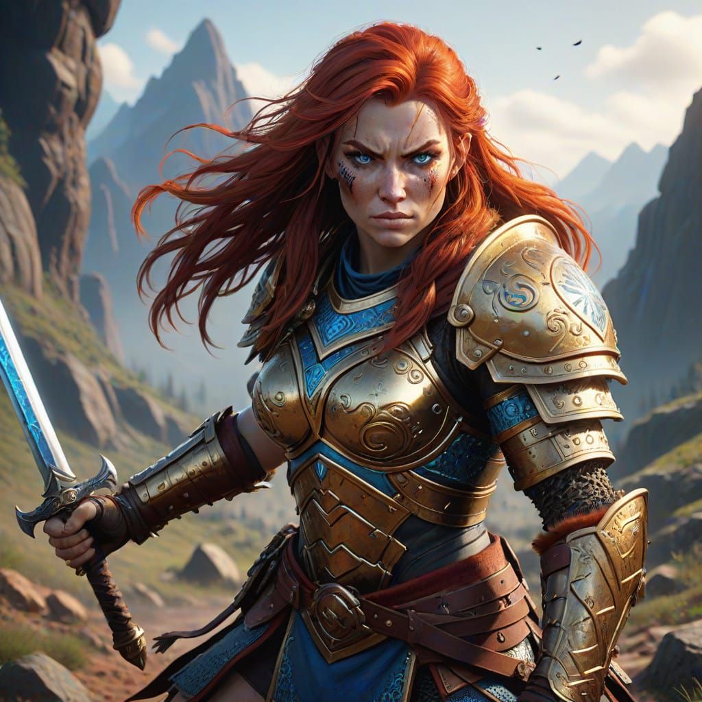 Elegant Female Warrior Battles Fierce Orc in Triadic Color L...