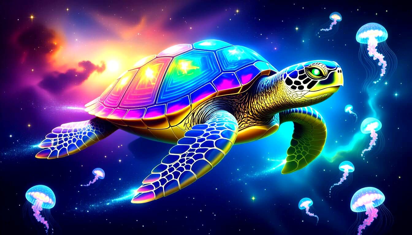 Crystal Turtle Swimming Through Cosmic Nebula