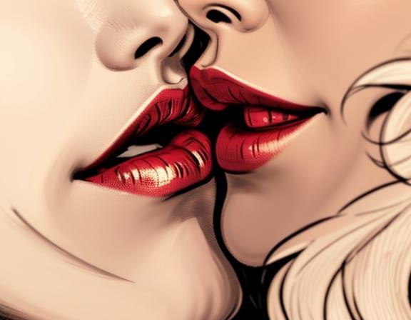 Minimalist Woodcut of Two Women Kissing