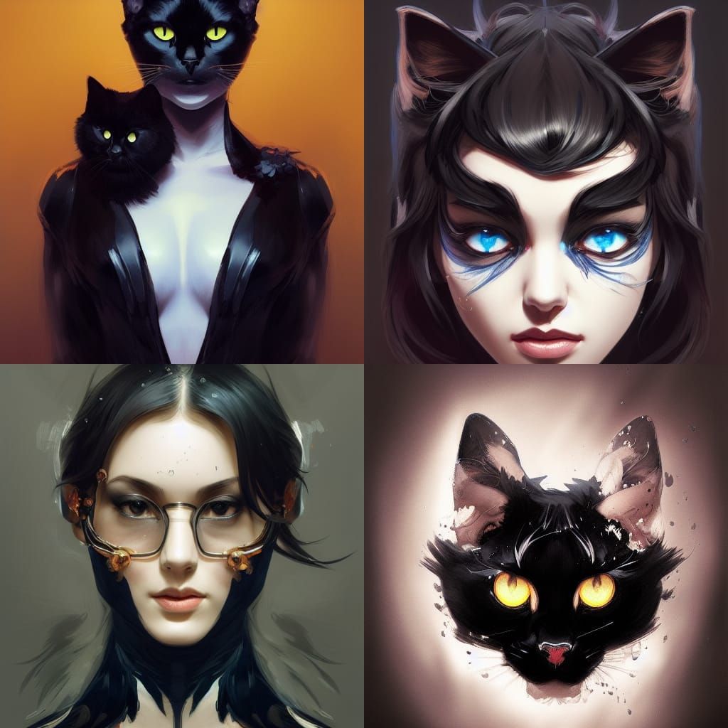 Hyperdetailed Black Cat Portrait in Art Nouveau Style