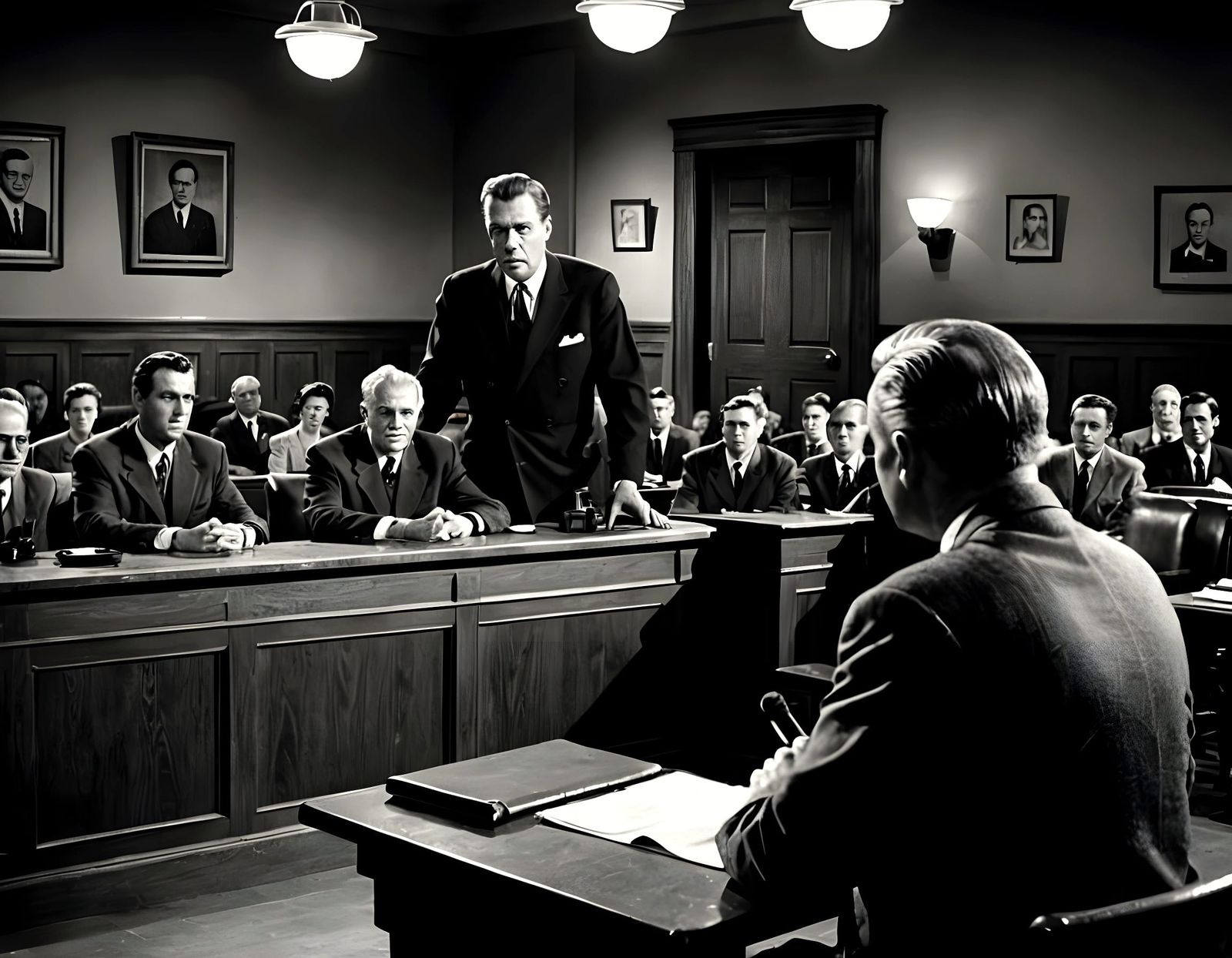 Hyperrealistic Courtroom Scene in 1950s Style