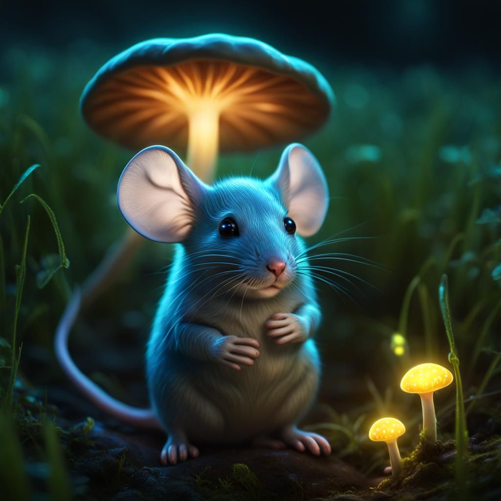 Bioluminescent Mice Under Mushroom: Hyperrealistic Fantasy A...