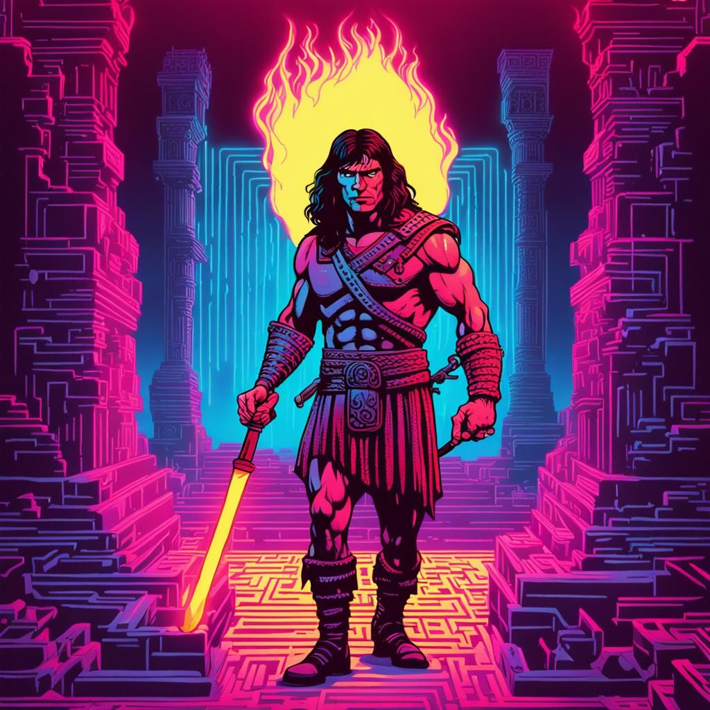 Conan in Labyrinth: Synthwave Neon Retro