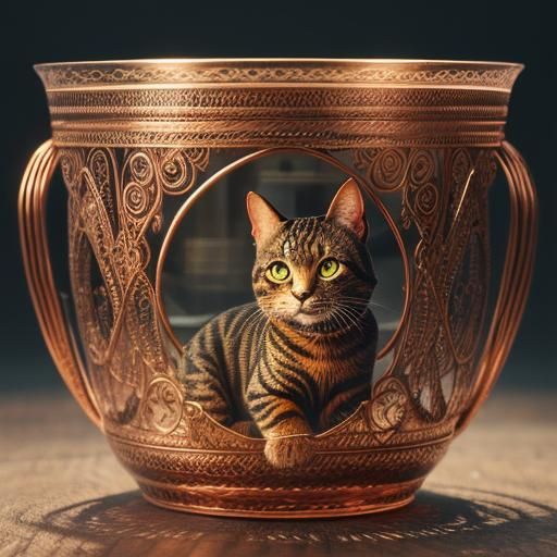 Copper Wire Cat in Glass Bowl: Digital Matte Painting