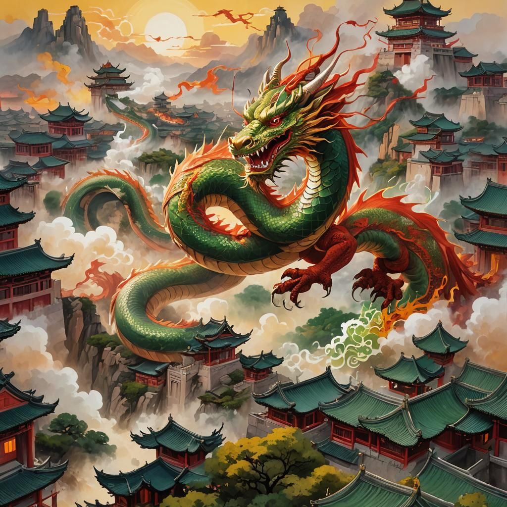 Dragon Flies Over Ancient City: Chinese Landscape Painting