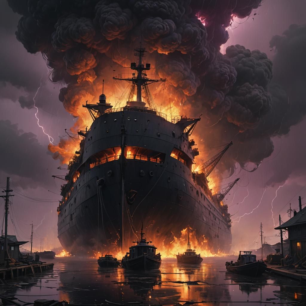 Burning Ship Under Black Sun: Dark Fantasy Art