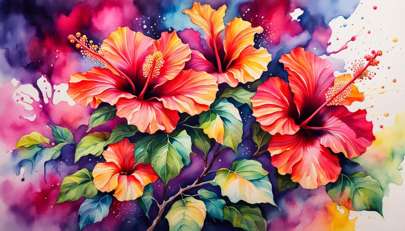 Vivid Watercolor Hibiscus Tree in Full Bloom