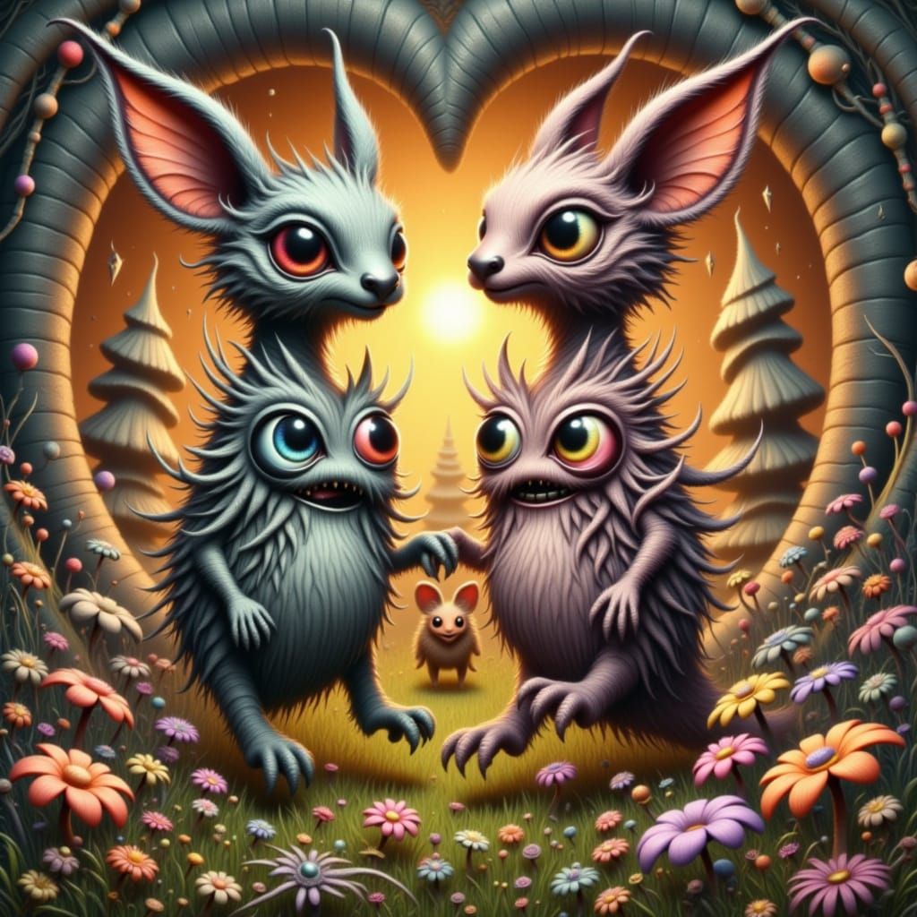 Adorable Creature Runs Towards Stylized Train in Pastel Neon