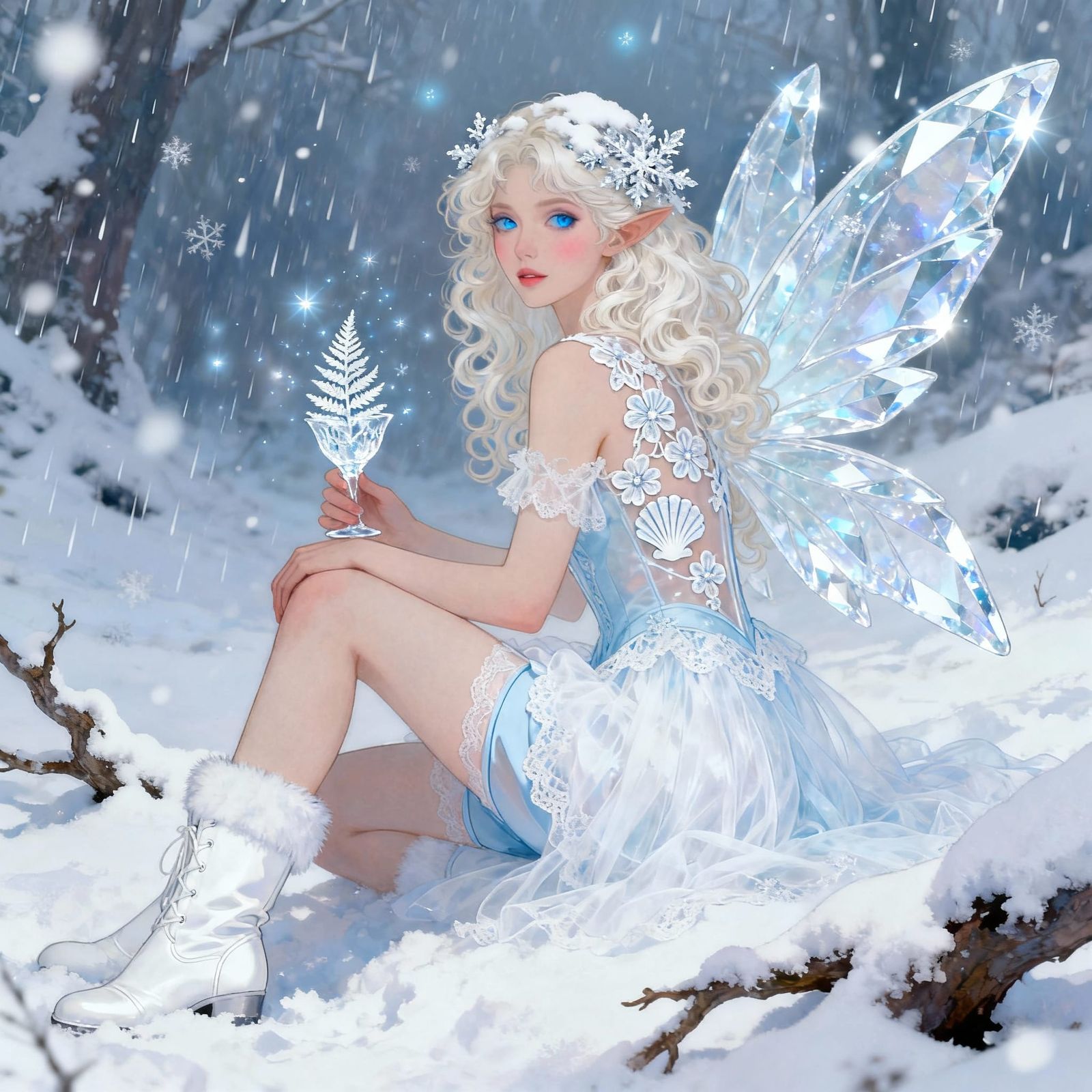 Ethereal Ice Fairy in Snowy Landscape