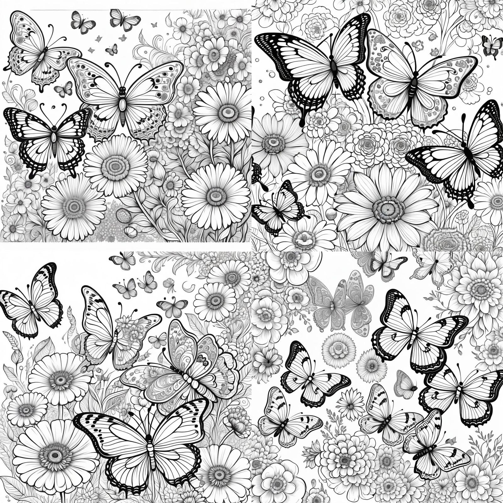 Fantasy Flowers and Butterflies Line Art