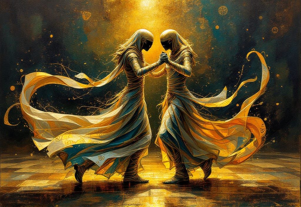 Egyptian Mummies Tango: Fluid Art in Gold and Blue