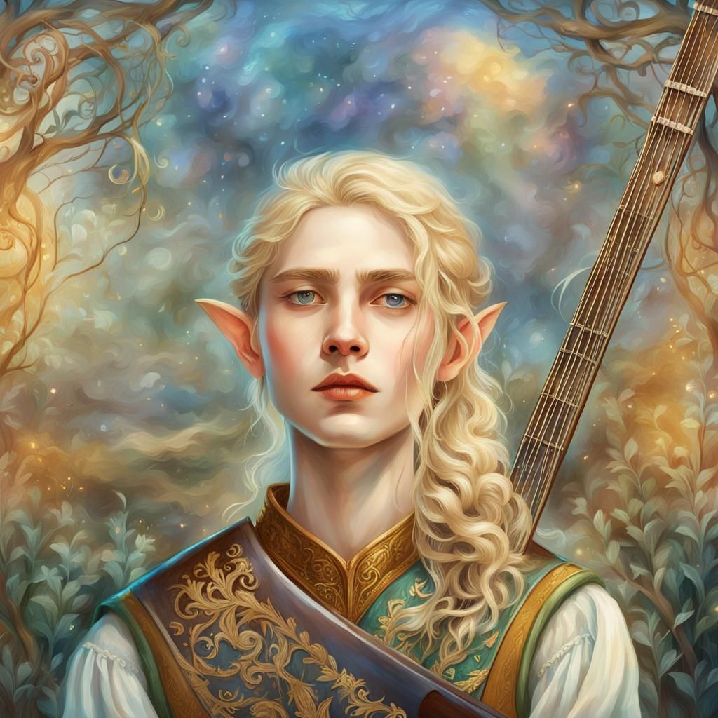 Androgynous Elf with Lute in Pre-Raphaelite Style