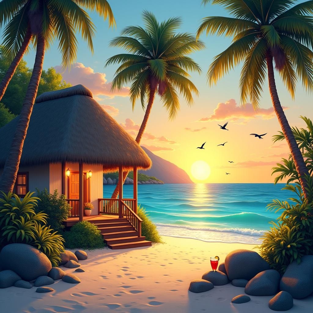 Beach Sunset with Cottage in Dreamy Style