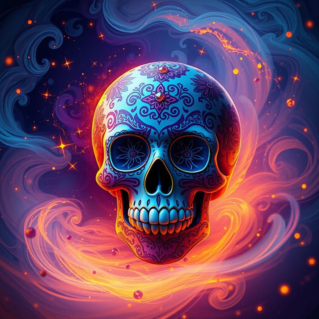 Surreal Sugar Skull in Dreamlike Atmosphere with Intricate F...