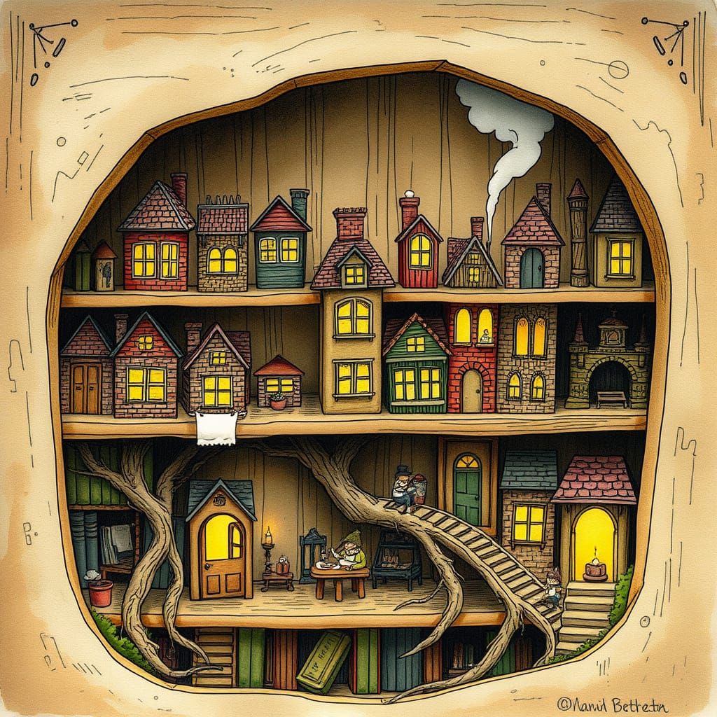 Miniature Village Inside Bookshelf, Watercolor and Ink Illus...