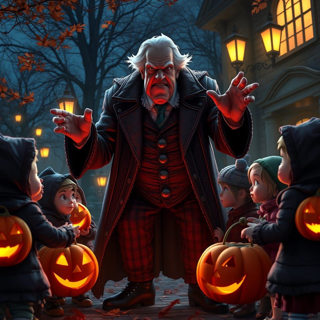 Mr. Scrooge's Halloween Scolding in 3D Anime Style