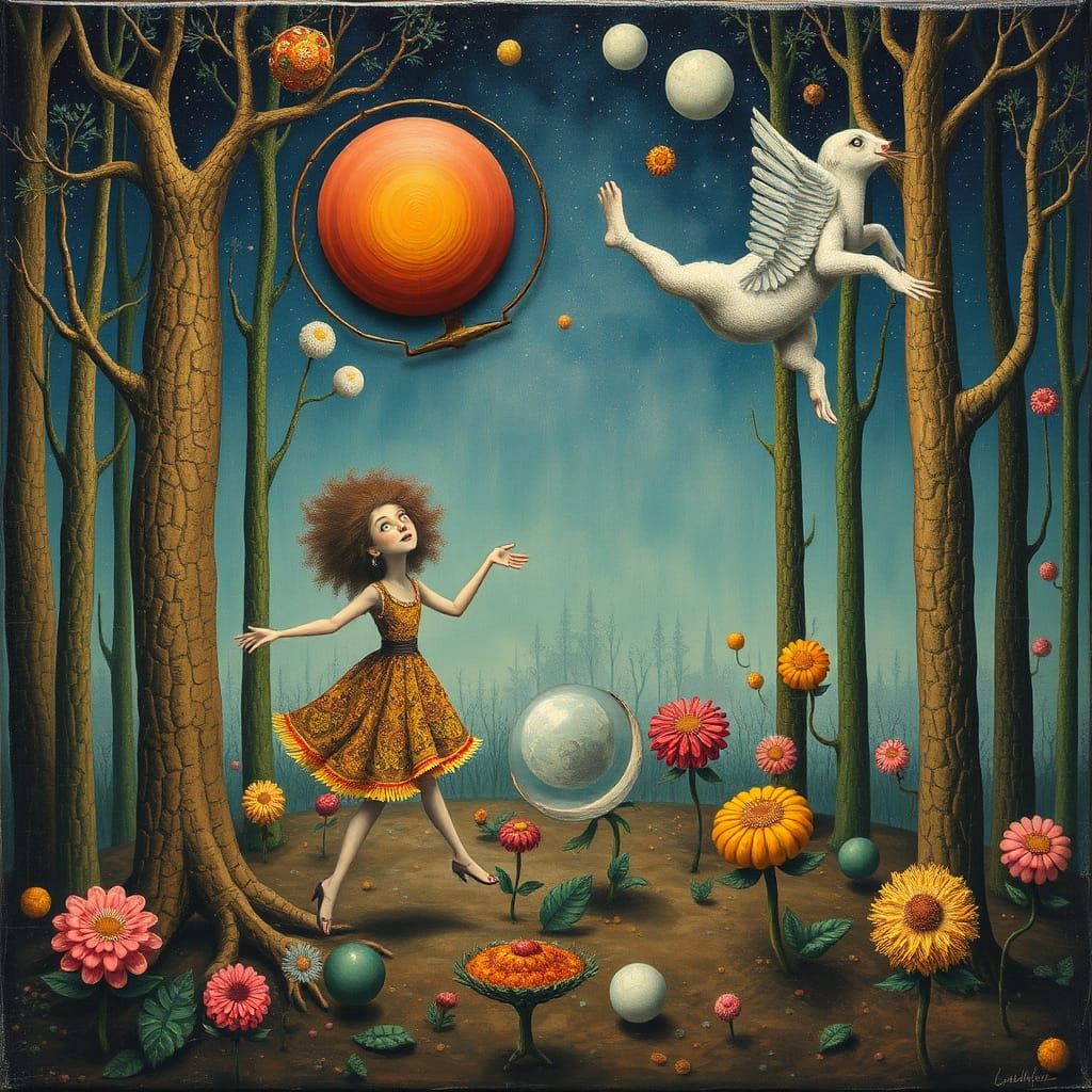 Surreal Figures Laughing in a Glass Forest