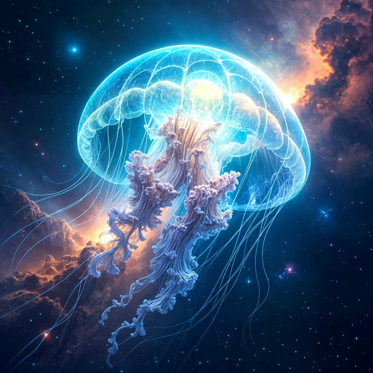 Colossal Bioluminescent Jellyfish Drifting Through Nebula