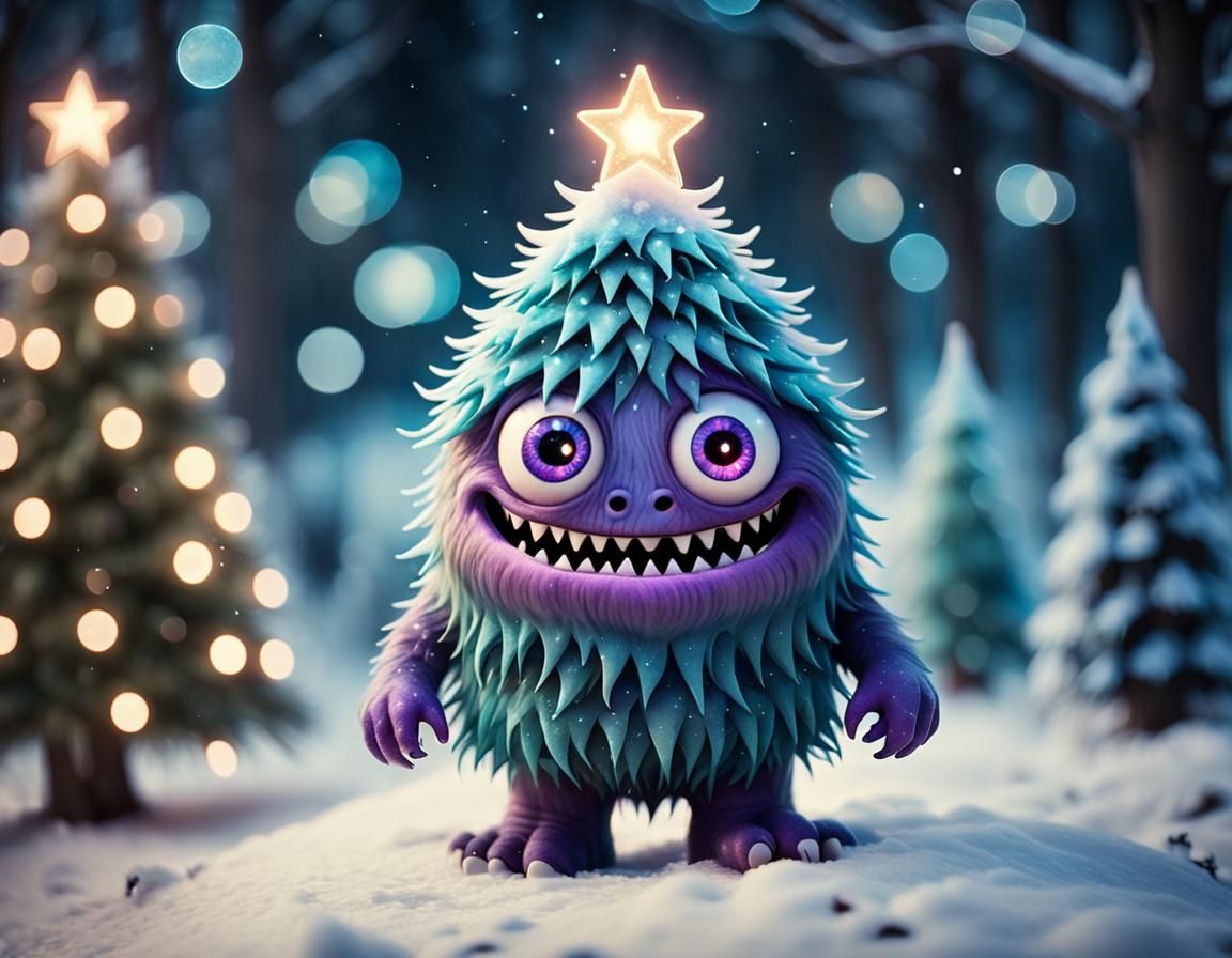 Cute Monster Christmas Tree in Winter Wonderland