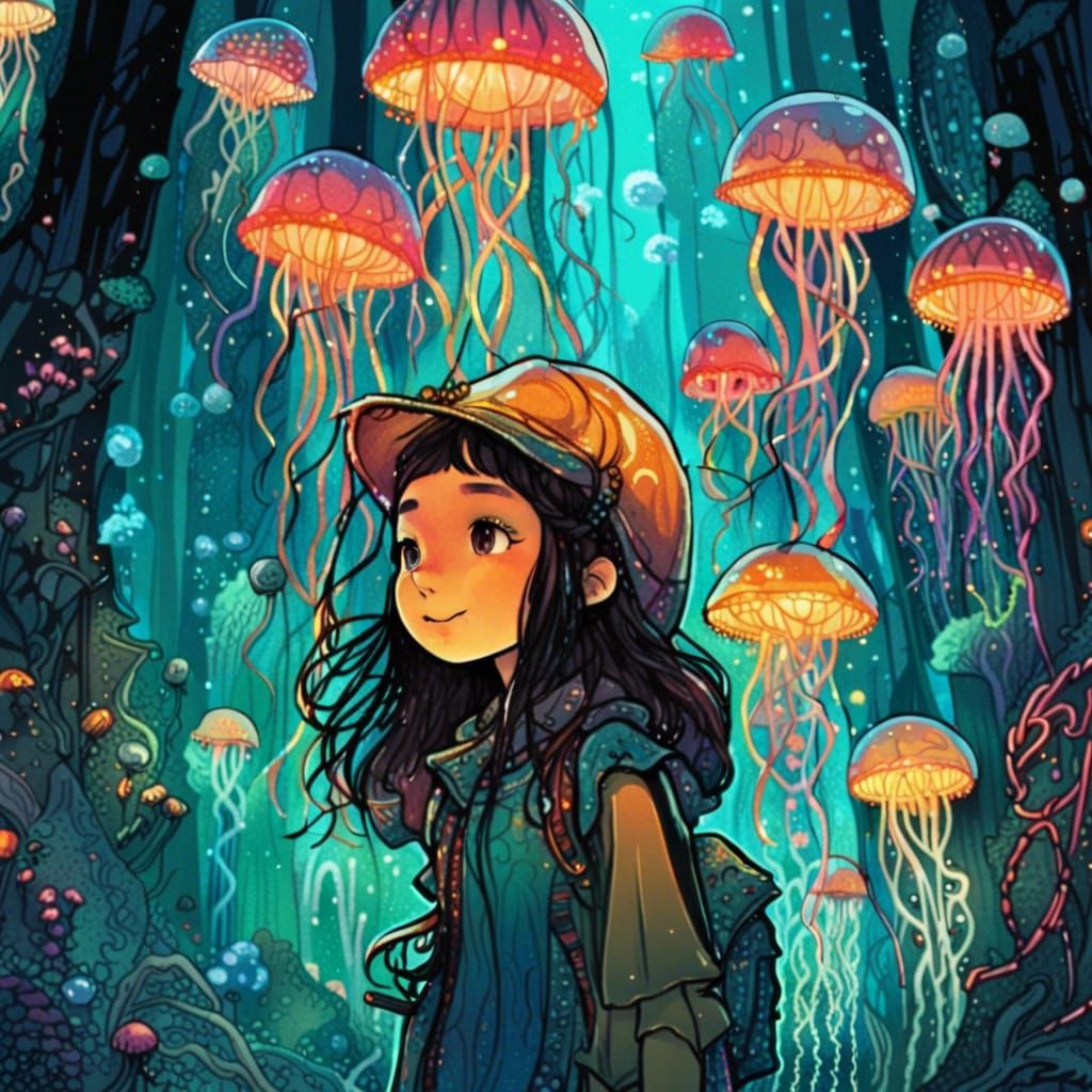 Girl with Glowing Jellyfish in Enchanted Forest
