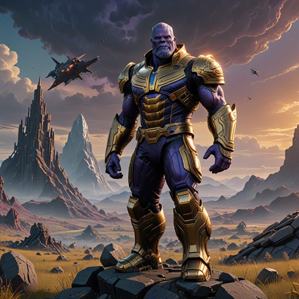 Thanos in Epic Fantasy Armor, Standing Amidst Apocalyptic Wa...