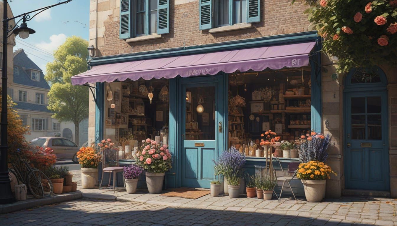 Dreamlike French Flower Shop in Autumn Watercolor Style