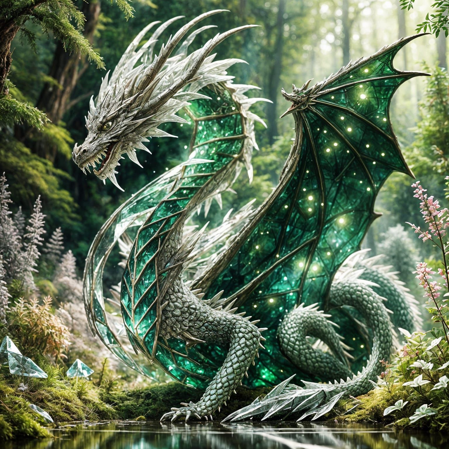 Crystal Dragon in Magical Forest with Vortexes
