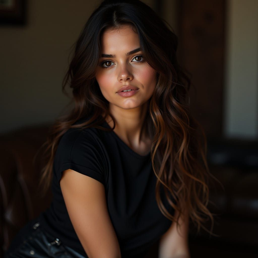 Young Woman with Effortless Waves and Warm Eyes, in Moody, H...