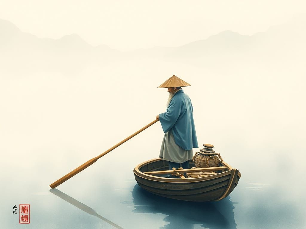 Traditional Japanese Fisherman in Serene Misty Lake