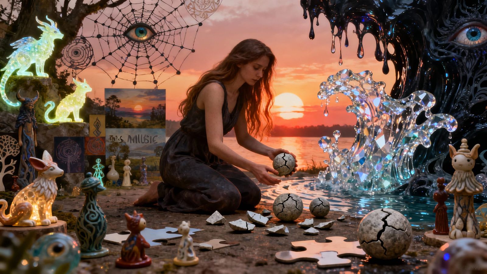 Surreal Fragmented Sculpture of Woman at Sunset