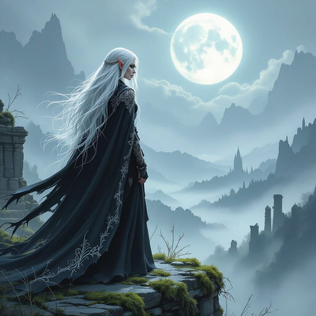 Elf Sorceress on Ancient Ruins in Gothic Style