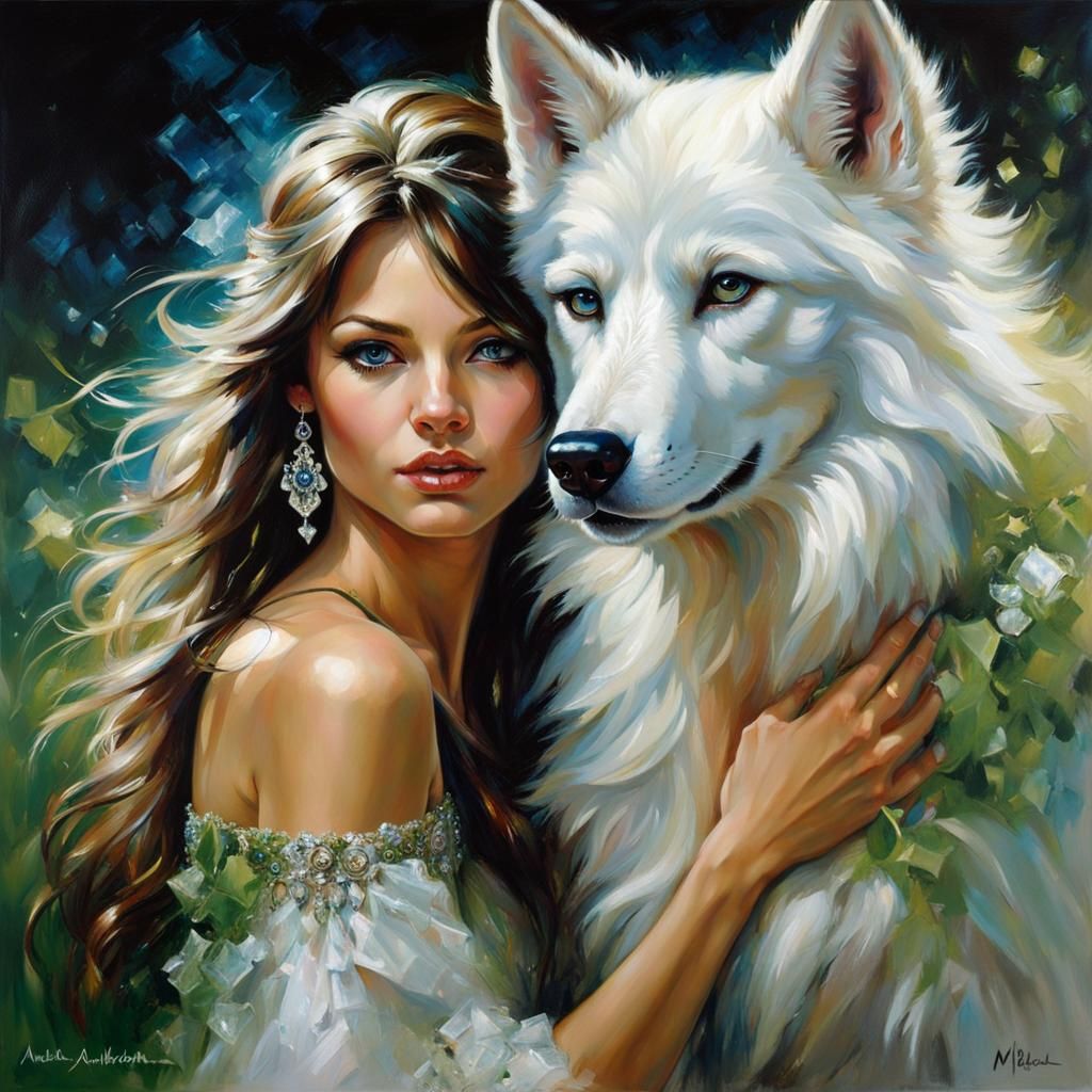 Brunette with Wolf Portrait in Romantic Style