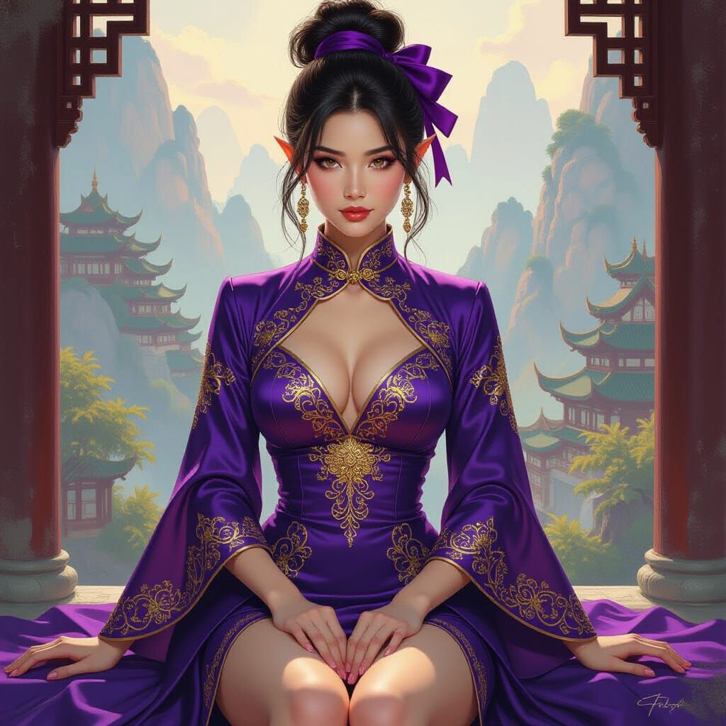 Fantasy Elf in Cheongsam Dress, Oil Painting Style