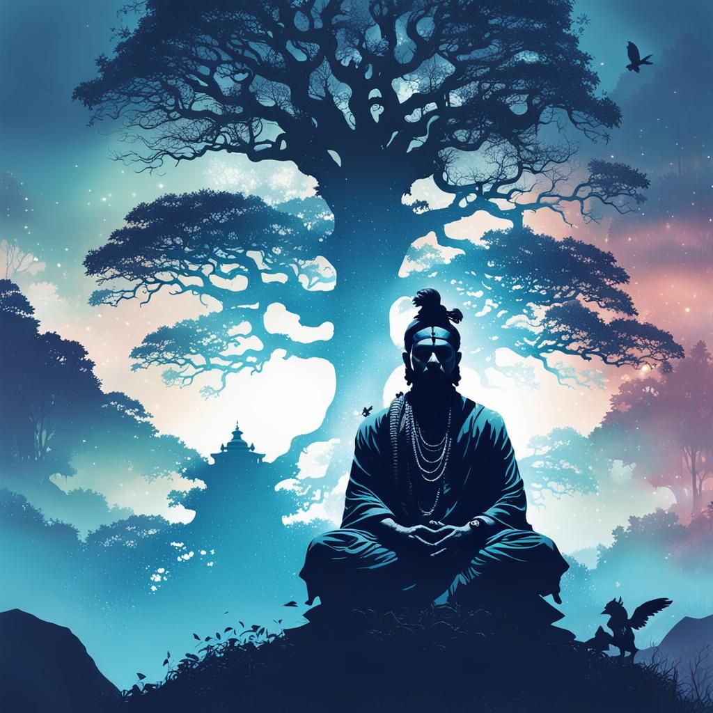 Double Exposure Silhouette portrait of a young Hindu Sanyasi