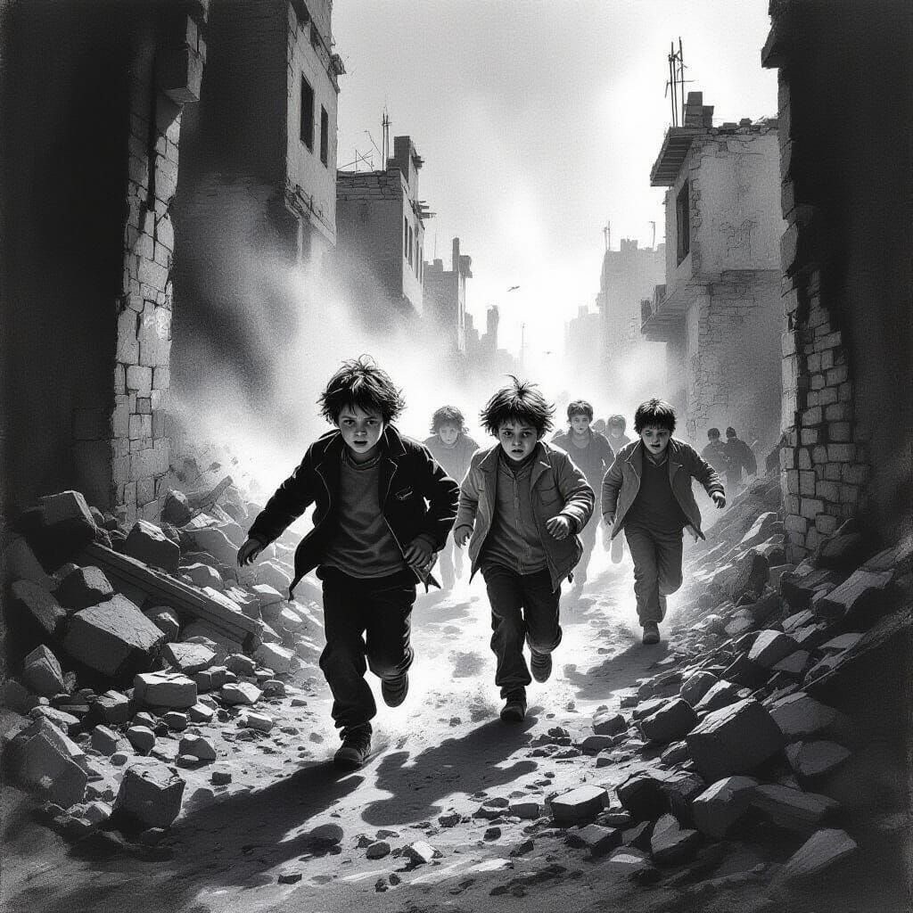 Children Fleeing Bombings in Charcoal Sketch Style
