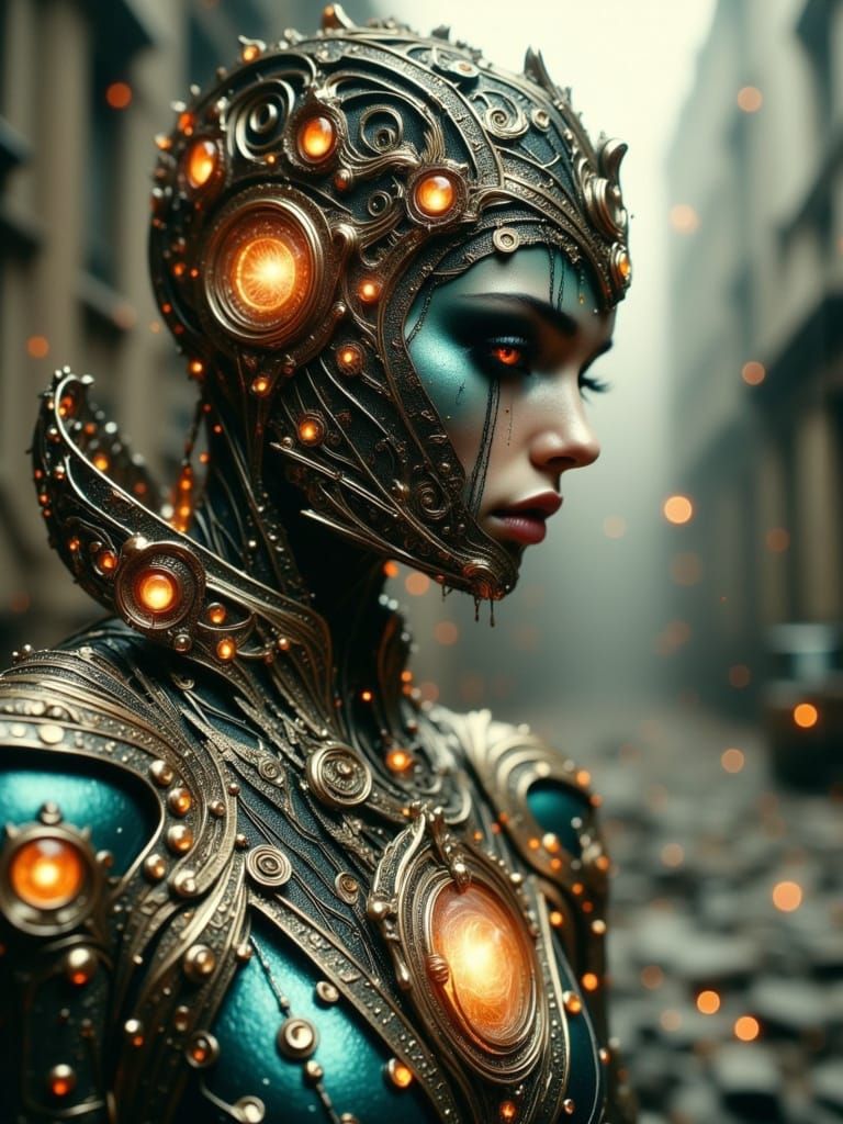 Clockwork Golem Weeping in Ruined City, Art Nouveau