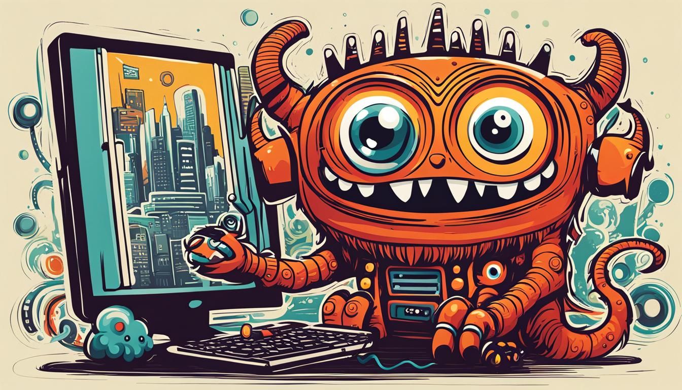Cute Monster Plugs In Computer: Stick Art Cartoon