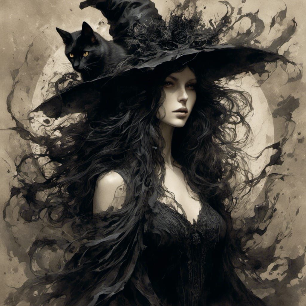 Undead Goth Witch and Black Cat Gouache Drawing