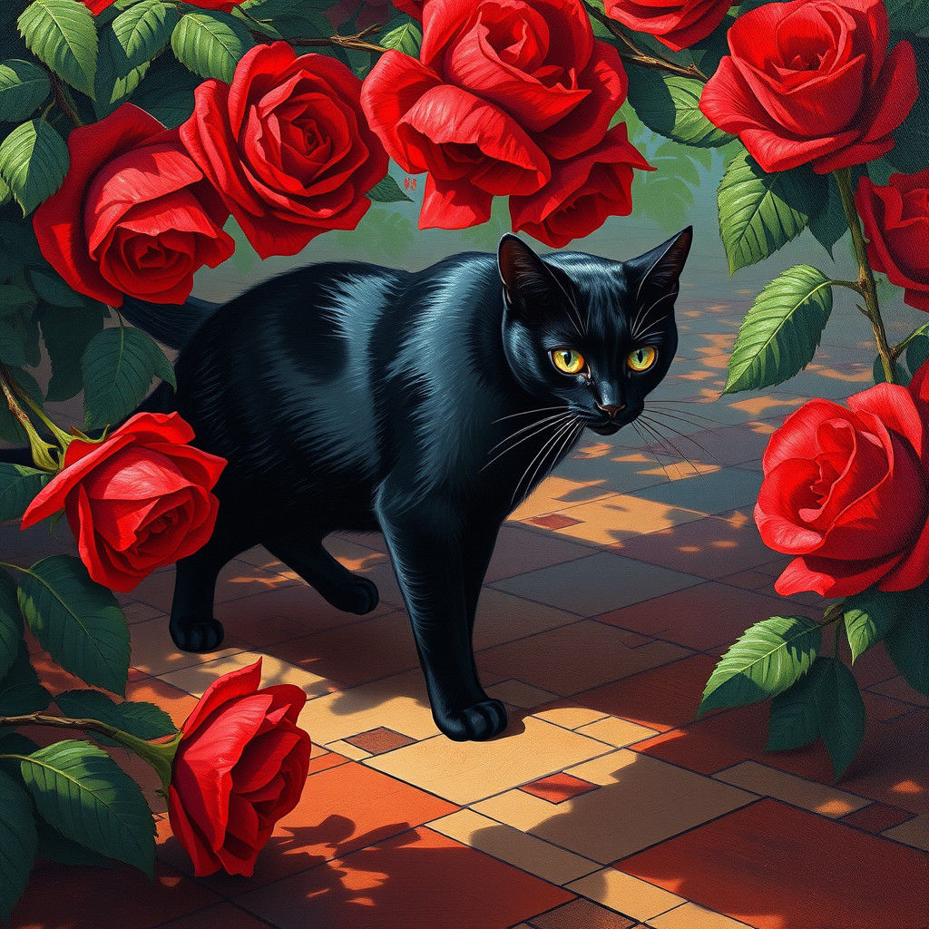 Black Cat Among Roses in Neo-Cubist Style