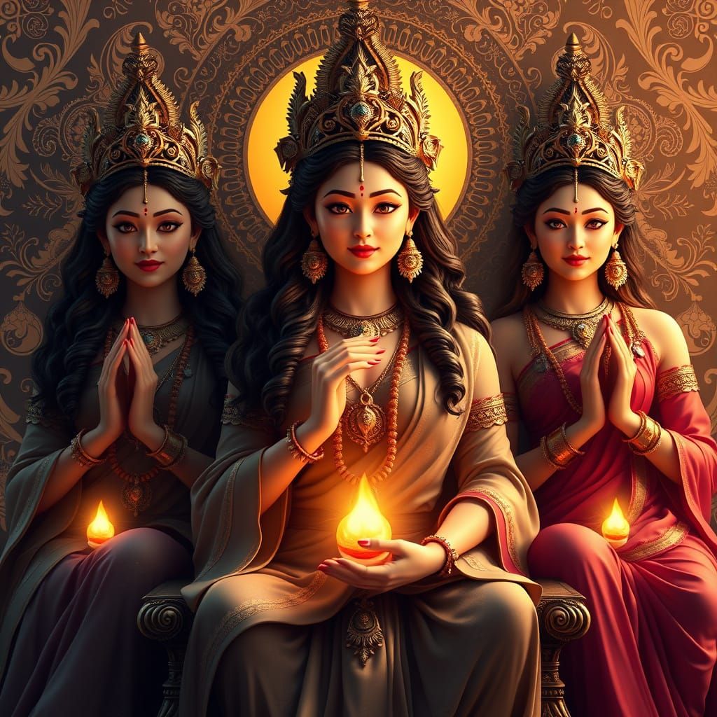 Serenely Adorned Goddesses in Vibrant Art Nouveau Style